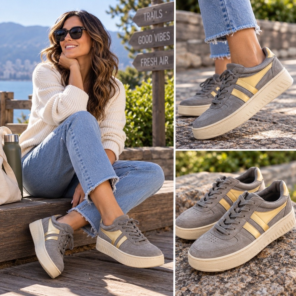 Gola Grandslam Pearl Grey Suede Gold Metallic Sneakers Womens 9 Low Top Shoes